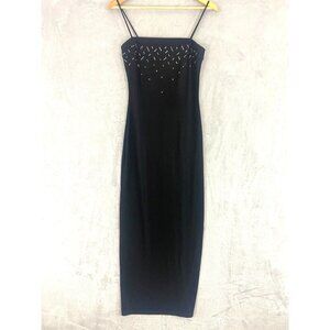 PS Per Seption Black Maxi Dress Medium Rhinestone Spaghetti Strap Prom Y2K 90s
